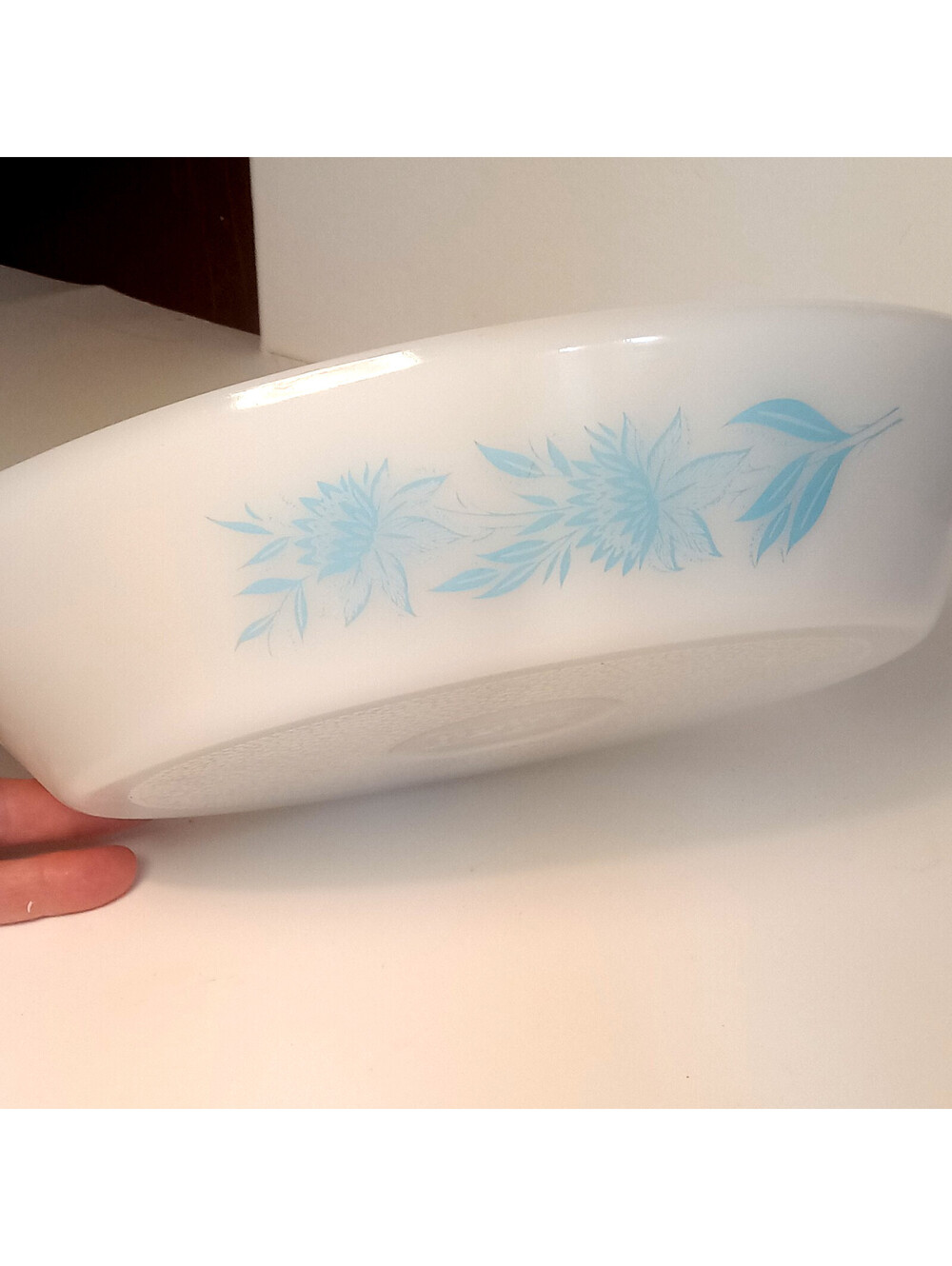 Vintage Glasbake White Milk Glass Blue Thistle Casserole Dish Oval MCM 1960s